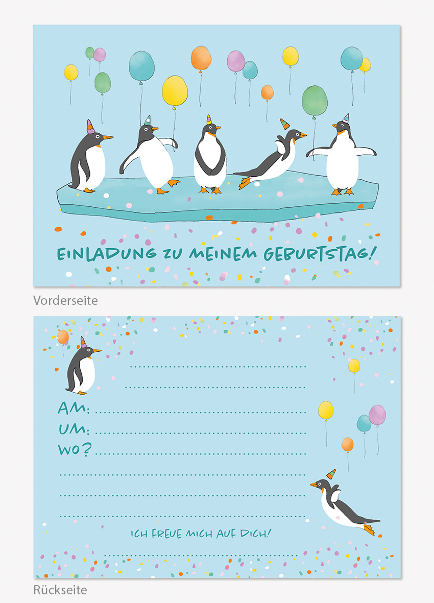 Postkarte - Einladungskarten-Set - mi-illu funny friends - Pinguine