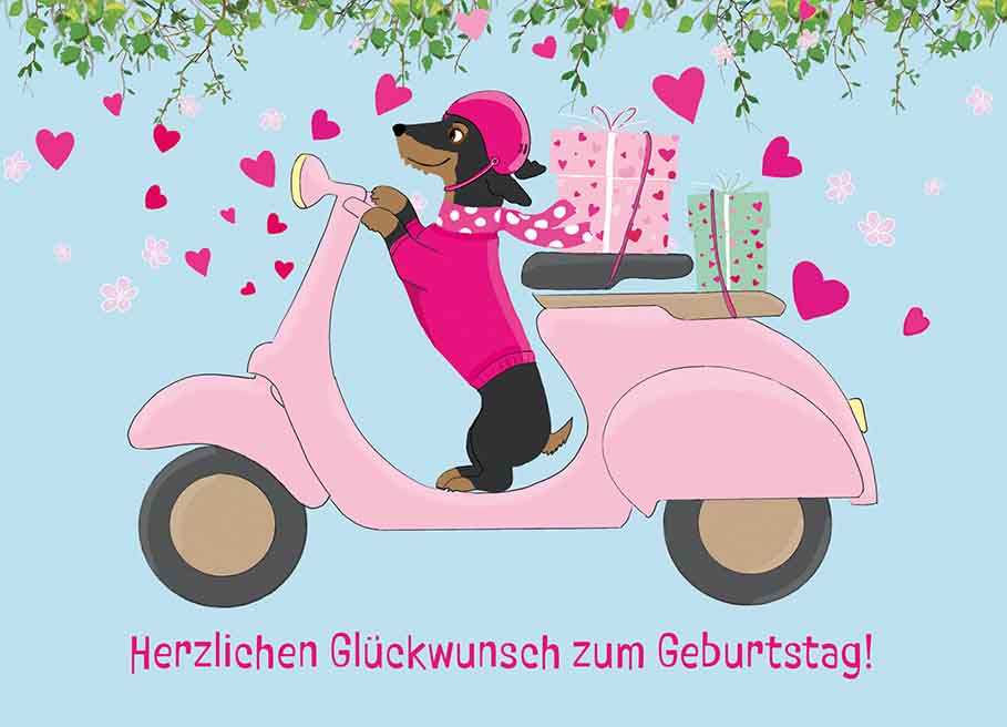 Postkarte - m-illu - Dackel Vespa Glück