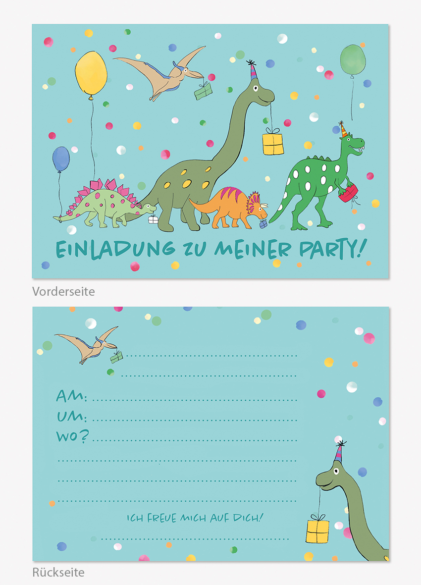 Postkarte - Einladungskarten-Set - mi-illu funny friends - Dinosaurier