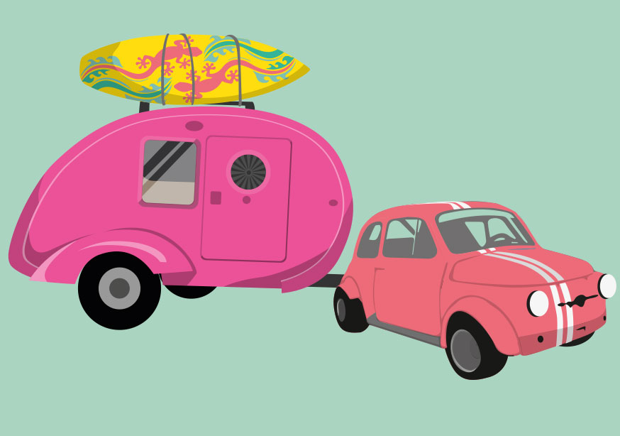 Postcard - luminous - fiat with caravan